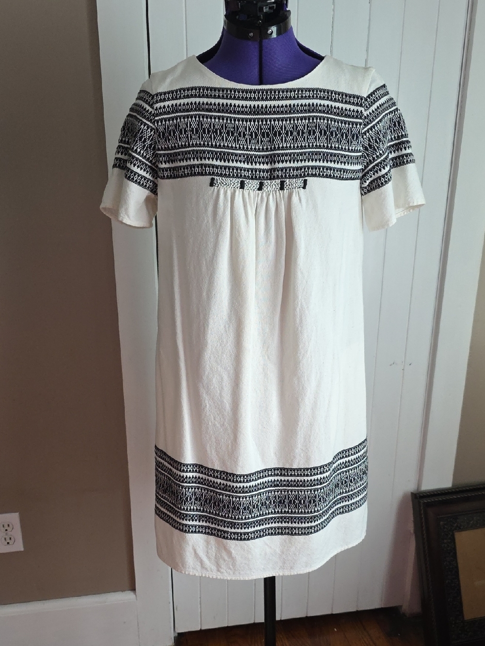 Madewell Cream Mini Dress with Black Embroidered Yoke and Hem